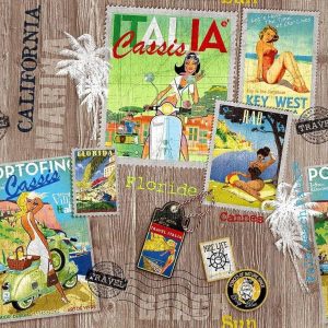 Vintage Travel Postcard Magazine Print Fabric – Dolce Vita Retro Global Travel Motifs Pin Up Girl - Crafts & Home Décor – Key West, Italy, Portofino, California - 280cm extra wide