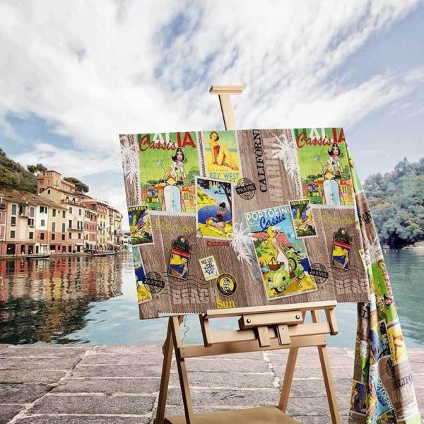 Vintage Travel Postcard Magazine Print Fabric – Dolce Vita Retro Global Travel Motifs Pin Up Girl - Crafts & Home Décor – Key West, Italy, Portofino, California - 280cm extra wide - Image 5