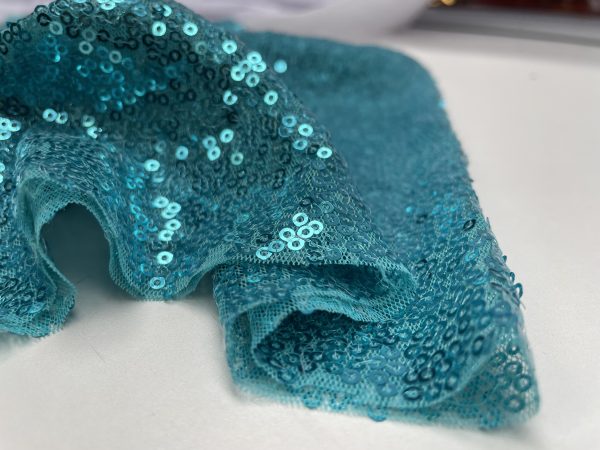 3mm Mini Sequins Fabric Material - 1 way stretch - 130cm or 51" wide - Sparkling Paillettes - Aqua - Image 4