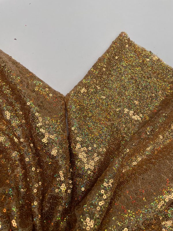 3mm Mini Sequins Fabric Material - 1 way stretch - 130cm or 51" wide - Sparkling Hologram Paillettes - Iridescent Gold - Image 3