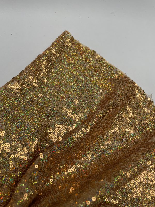 3mm Mini Sequins Fabric Material - 1 way stretch - 130cm or 51" wide - Sparkling Hologram Paillettes - Iridescent Gold