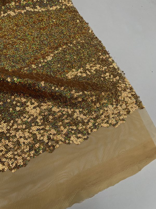 3mm Mini Sequins Fabric Material - 1 way stretch - 130cm or 51" wide - Sparkling Hologram Paillettes - Iridescent Gold - Image 2