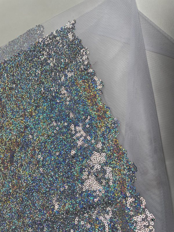 3mm Mini Sequins Fabric Material - 1 way stretch - 130cm or 51" wide - Sparkling Paillettes - Silver Hologram - Image 4