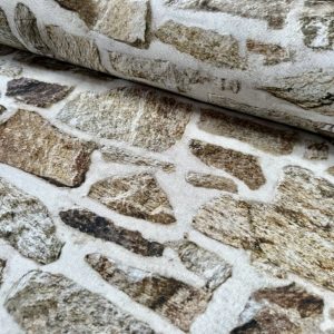 Beige STONE WALL brick wall Curtain Upholstery Cotton Fabric Material - Digital Print Textile - 140cm wide/ BEIGE