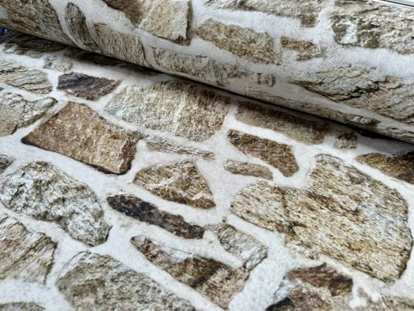 Beige STONE WALL brick wall Curtain Upholstery Cotton Fabric Material - Digital Print Textile - 280cm extra wide - Image 3