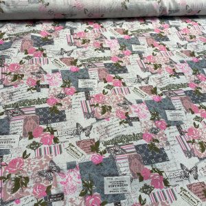 Vintage Chic French Rose Butterfly Cotton Linen Fabric - 140cm/55" wide