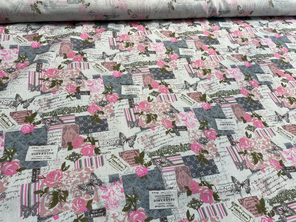 Vintage Chic French Rose Butterfly Cotton Linen Fabric - 140cm/55" wide