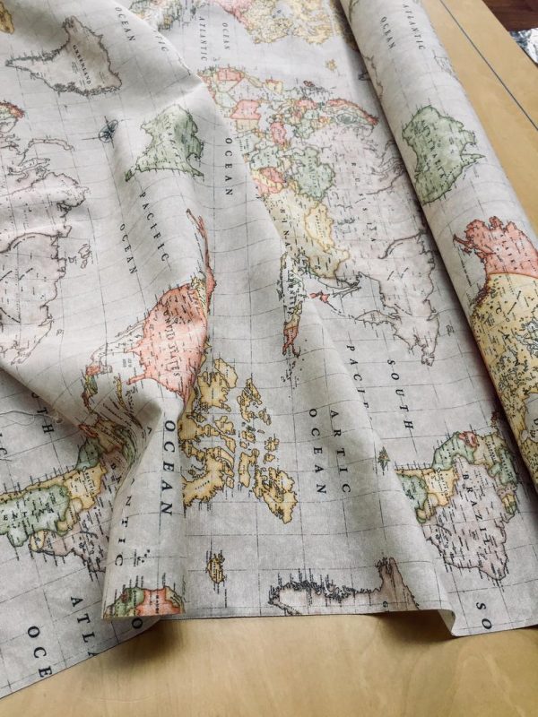 BEIGE WORLD MAP 3 Designer Curtain Upholstery cotton fabric material - World Map Print Canvas - 280cm wide and sold by the meter /beige - Image 4