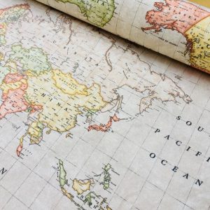 BEIGE WORLD MAP 3 Designer Curtain Upholstery cotton fabric material - World Map Print Canvas - 280cm wide and sold by the meter /beige