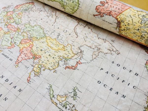 BEIGE WORLD MAP 3 Designer Curtain Upholstery cotton fabric material - World Map Print Canvas - 280cm wide and sold by the meter /beige