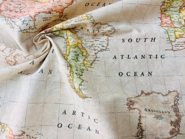 BEIGE WORLD MAP 3 Designer Curtain Upholstery cotton fabric material - World Map Print Canvas - 280cm wide and sold by the meter /beige - Image 2