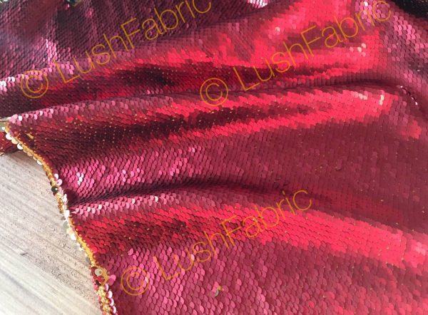 MERMAID Reversible 5mm Sequin Fabric Flip Two Tone Stretch Material - 130cm wide - Gold & Red sequins