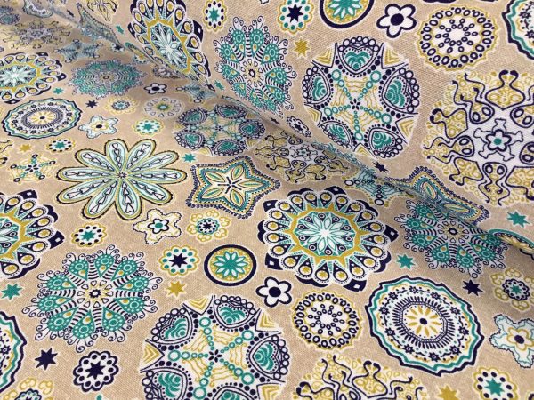 AQUARIUS Flower Mandala Stars Hippy Print Fabric Curtain Upholstery material - 140cm wide - BLUE