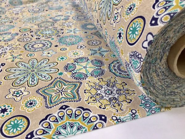 AQUARIUS Flower Mandala Stars Hippy Print Fabric Curtain Upholstery material - 140cm wide - BLUE