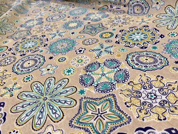 AQUARIUS Flower Mandala Stars Hippy Print Fabric Curtain Upholstery material - 140cm wide - BLUE