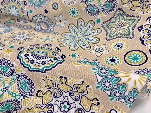 AQUARIUS Flower Mandala Stars Hippy Print Fabric Curtain Upholstery material - 140cm wide - BLUE