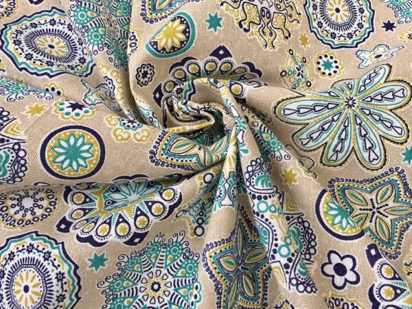AQUARIUS Flower Mandala Stars Hippy Print Fabric Curtain Upholstery material - 140cm wide - BLUE