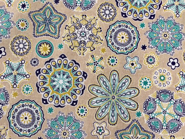 AQUARIUS Flower Mandala Stars Hippy Print Fabric Curtain Upholstery material - 140cm wide - BLUE