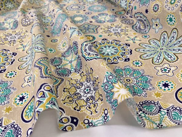 AQUARIUS Flower Mandala Stars Hippy Print Fabric Curtain Upholstery material - 140cm wide - BLUE