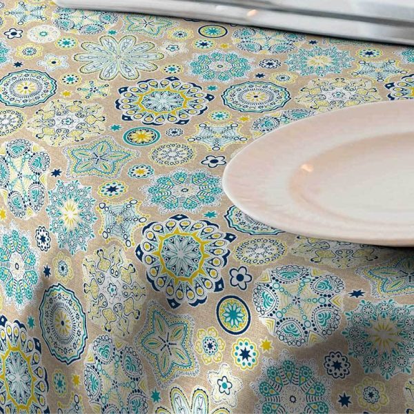 AQUARIUS Flower Mandala Stars Hippy Print Fabric Curtain Upholstery material - 140cm wide - BLUE