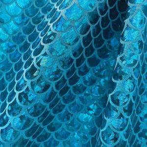 Mermaid Scale Fabric Fish Tale Foil Iridescent Stretch Spandex Material - 150cm wide - Aqua on Blue