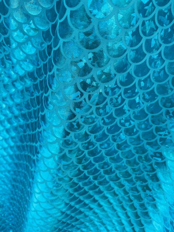 Mermaid Scale Fabric Fish Tale Foil Iridescent Stretch Spandex Material - 150cm wide - Aqua on Blue - Image 2