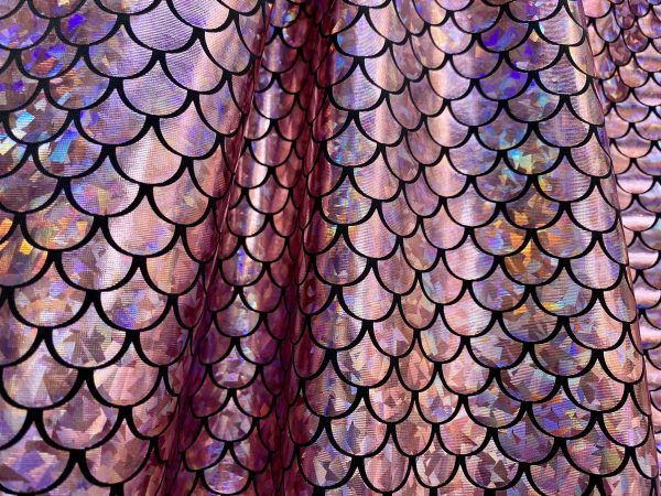 Mermaid Scale Fabric Fish Tale Foil Iridescent Stretch Spandex Material - 150cm wide - Baby Pink on Black - Image 3