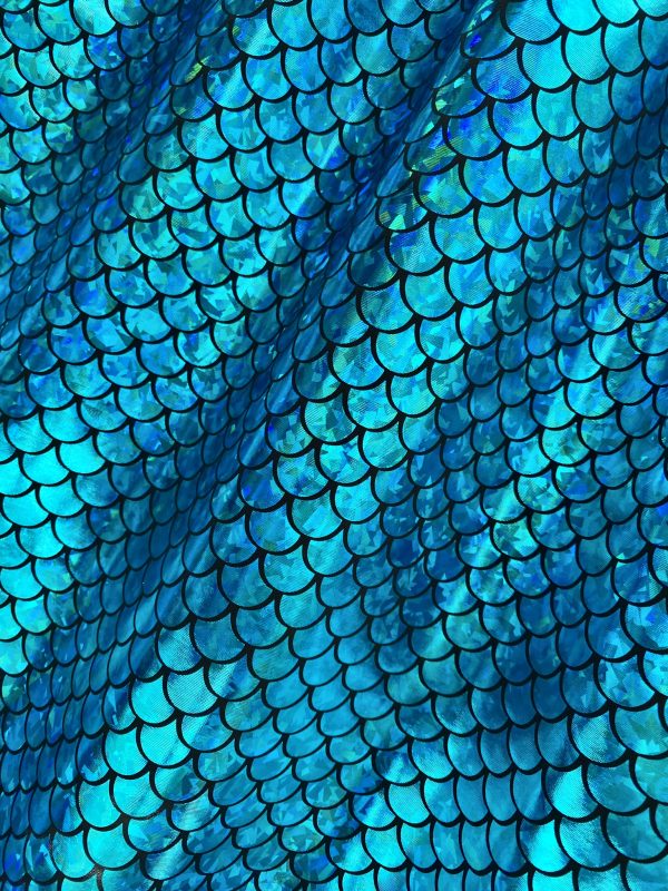 Mermaid Scale Fabric Fish Tale Foil Iridescent Stretch Spandex Material - 150cm wide - Blue on Black - Image 2