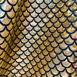 Mermaid Scale Fabric Fish Tale Foil Iridescent Stretch Spandex Material - 150cm wide - Gold on Black