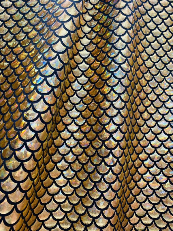Mermaid Scale Fabric Fish Tale Foil Iridescent Stretch Spandex Material - 150cm wide - Gold on Black - Image 3