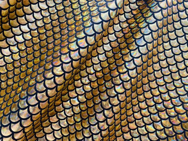 Mermaid Scale Fabric Fish Tale Foil Iridescent Stretch Spandex Material - 150cm wide - Gold on Black - Image 2