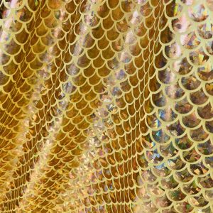 Mermaid Scale Fabric Fish Tale Foil Iridescent Stretch Spandex Material - 150cm wide - Gold on Yellow
