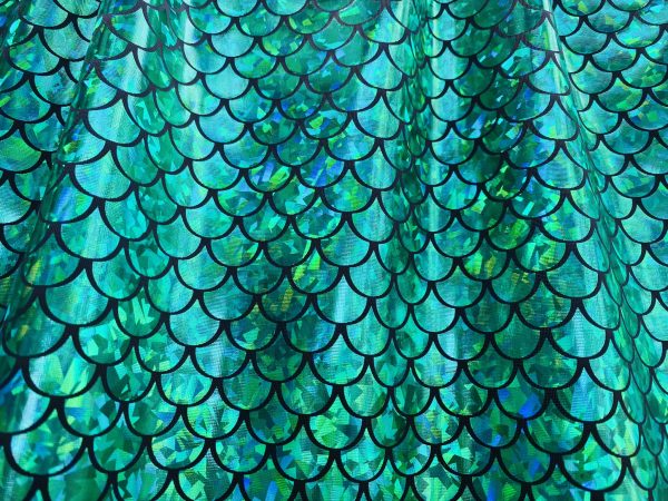 Mermaid Scale Fabric Fish Tale Foil Iridescent Stretch Spandex Material - 150cm wide - Green on Black