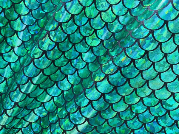 Mermaid Scale Fabric Fish Tale Foil Iridescent Stretch Spandex Material - 150cm wide - Green on Black - Image 4