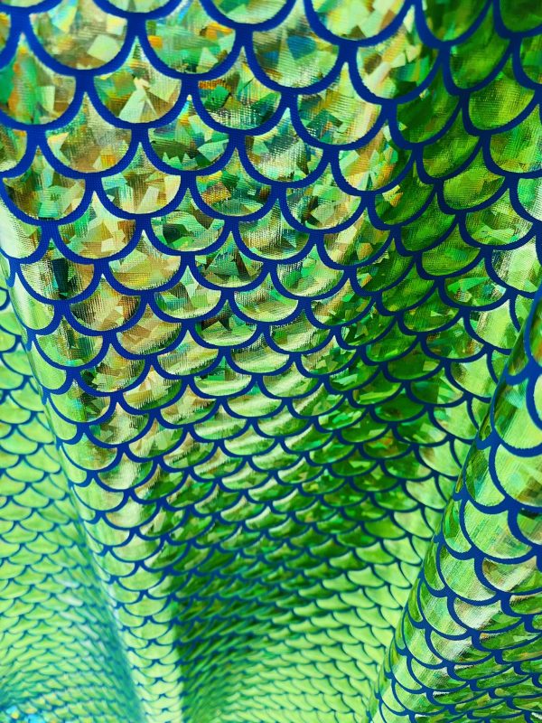 Mermaid Scale Fabric Fish Tale Foil Iridescent Stretch Spandex Material - 150cm wide - Green on Blue - Image 3