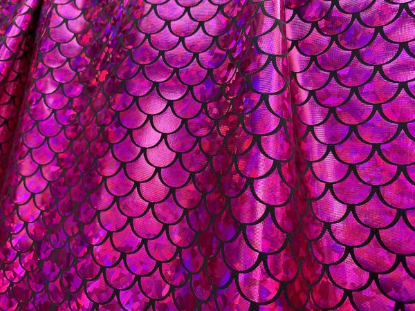 Mermaid Scale Fabric Fish Tale Foil Iridescent Stretch Spandex Material - 150cm wide - Hot Pink on Black - Image 3