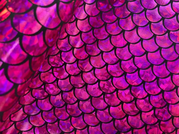 Mermaid Scale Fabric Fish Tale Foil Iridescent Stretch Spandex Material - 150cm wide - Hot Pink on Black - Image 2