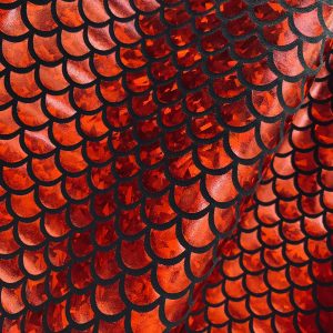 Mermaid Scale Fabric Fish Tale Foil Iridescent Stretch Spandex Material - 150cm wide - Red on Black
