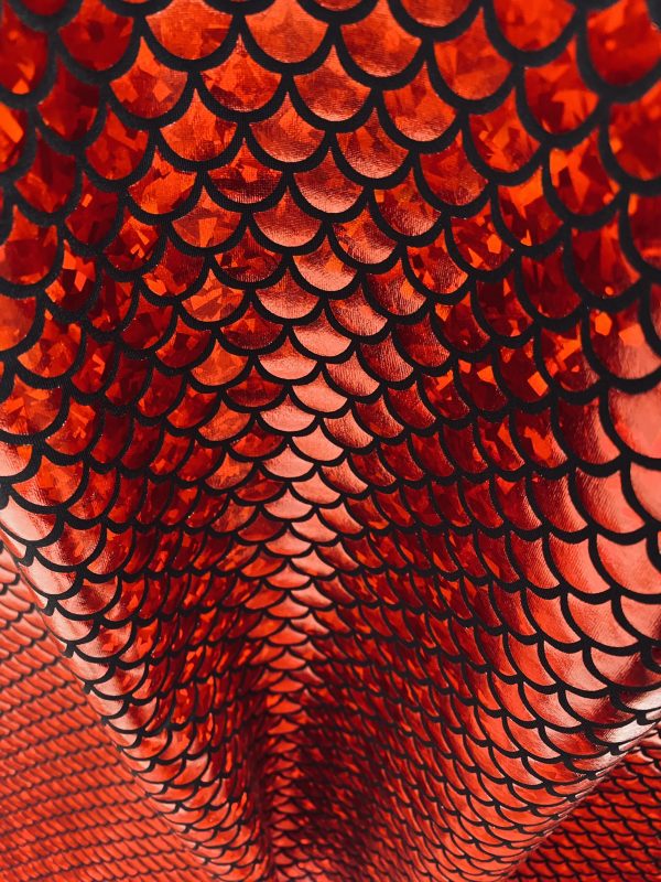 Mermaid Scale Fabric Fish Tale Foil Iridescent Stretch Spandex Material - 150cm wide - Red on Black - Image 2