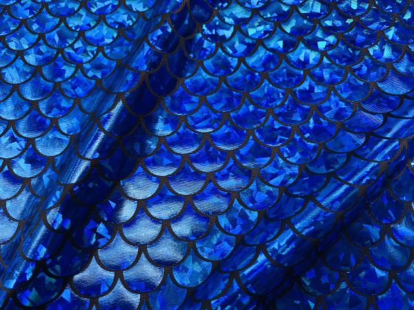 Mermaid Scale Fabric Fish Tale Foil Iridescent Stretch Spandex Material - 150cm wide - Royal Blue on Black - Image 2