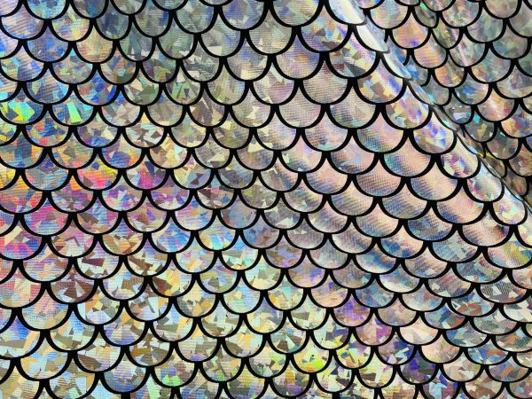 Mermaid Scale Fabric Fish Tale Foil Iridescent Stretch Spandex Material - 150cm wide - Silver on Black - Image 4
