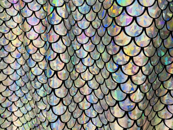 Mermaid Scale Fabric Fish Tale Foil Iridescent Stretch Spandex Material - 150cm wide - Silver on Black - Image 3