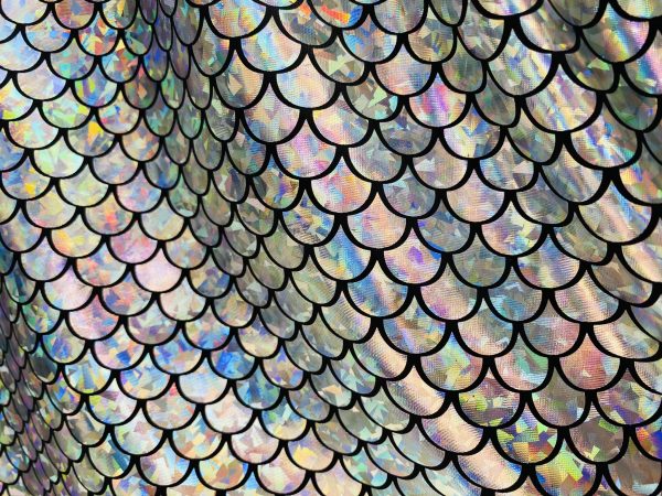 Mermaid Scale Fabric Fish Tale Foil Iridescent Stretch Spandex Material - 150cm wide - Silver on Black - Image 2