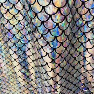 Mermaid Scale Fabric Fish Tale Foil Iridescent Stretch Spandex Material - 150cm wide - Silver on Black