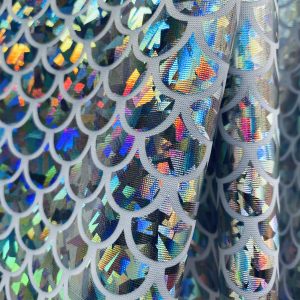 Mermaid Scale Fabric Fish Tale Foil Iridescent Stretch Spandex Material - 150cm wide - Silver on White