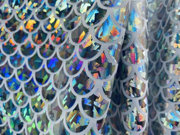 Mermaid Scale Fabric Fish Tale Foil Iridescent Stretch Spandex Material - 150cm wide - Silver on White
