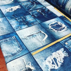 DENIM JEANS Effect Fabric for Furnishing, Curtains, Backdrop - blue patchwork cotton material - 110"/280cm extra wide - jeans print canvas