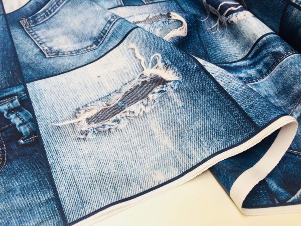 DENIM JEANS Effect Fabric for Furnishing, Curtains, Backdrop - blue patchwork cotton material - 110"/280cm extra wide - jeans print canvas