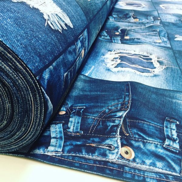 DENIM JEANS Effect Fabric for Furnishing, Curtains, Backdrop - blue patchwork cotton material - 110"/280cm extra wide - jeans print canvas