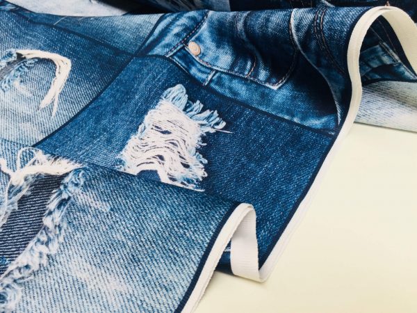 DENIM JEANS Effect Fabric for Furnishing, Curtains, Backdrop - blue patchwork cotton material - 110"/280cm extra wide - jeans print canvas